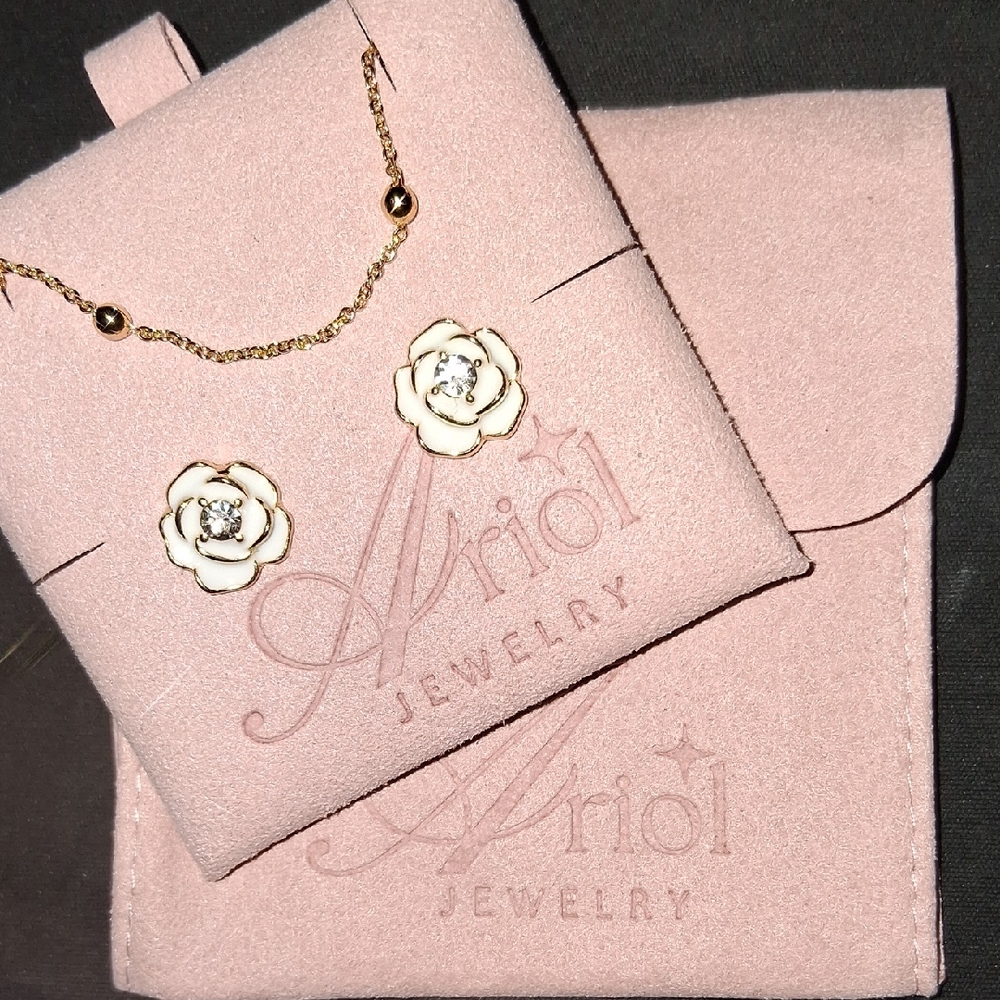 Gold Filled Jewelry White Flower Earrings and Gold Necklace Set